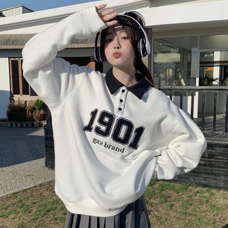 

Women s Retro American Color Block Polo Collar Sweatshirt - Korean Style Loose Fit, Plus Size, Embroidered Turn-Down Collar for Spring/Autumn XL (suggested for 130-150 jin) белый