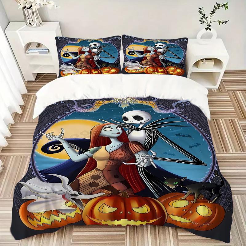 3pcs Halloween Jack And Sally Bedding Set Includes 1 Quilt Cover and 2 Pillowcases, Comfortable Bedding F038