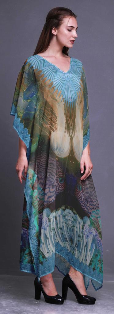 Phagun Clown Fish & Shell Ocean Ladies Kaftan Holiday Loungewear Maxi Dress Beach