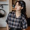 Short Sleeved Checkered Shirts for Women Summer Retro Versatile New Tops Loose Single Breasted Lapel Female's Blouses