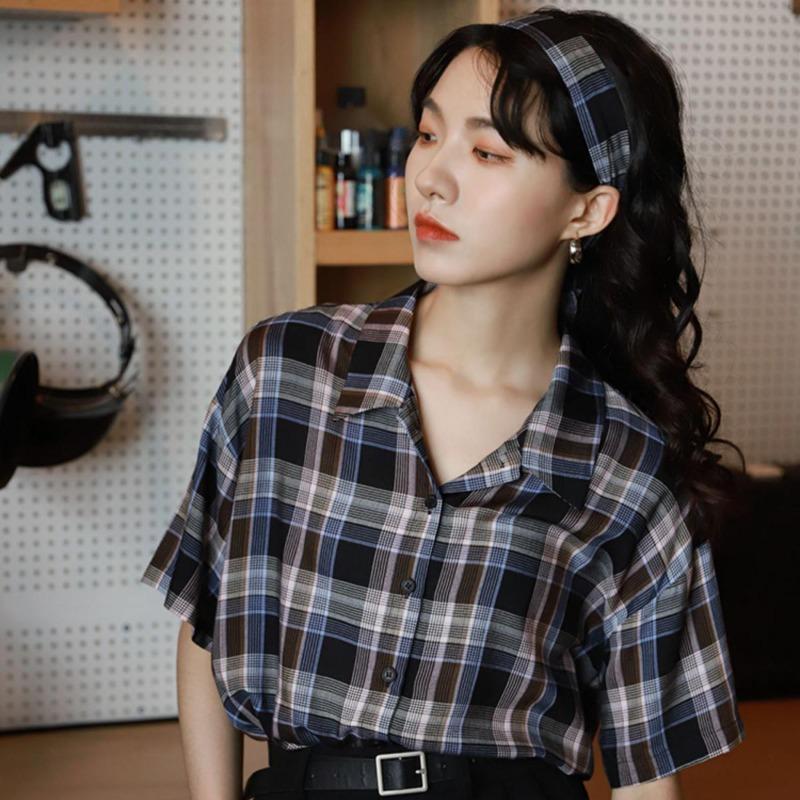Short Sleeved Checkered Shirts for Women Summer Retro Versatile New Tops Loose Single Breasted Lapel Female's Blouses