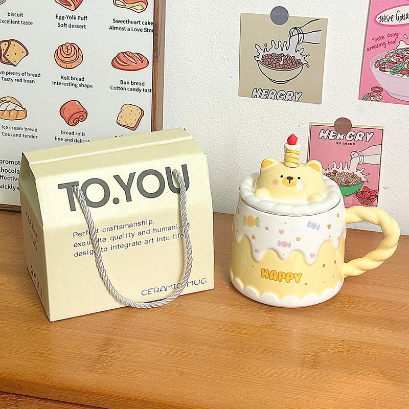 Ceramic Mug with Lid Cartoon Birthday Gift Cup for Women Office Coffee Cup Household Water Cup Creative Gift Box