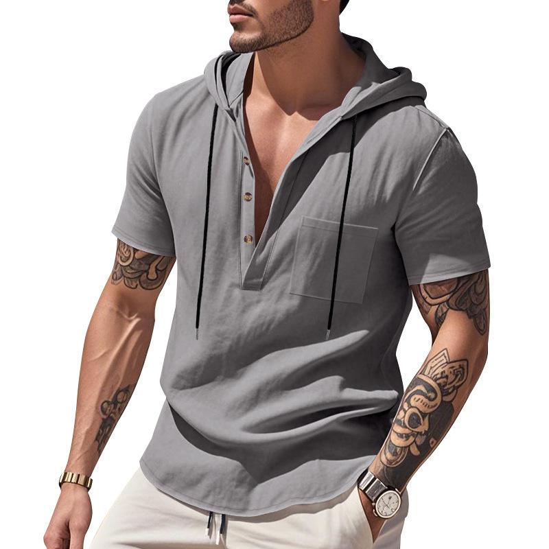 Men's Relaxed Fit Linen Beach Hooded Pocket Henley Short-Sleeved Shirt