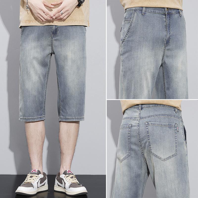 Pantaloncini in Denim Tencel da Uomo Estivi Sottili Freschi Larghi Dritti Casual Versatili Pantaloni Corti Jeans alla Moda