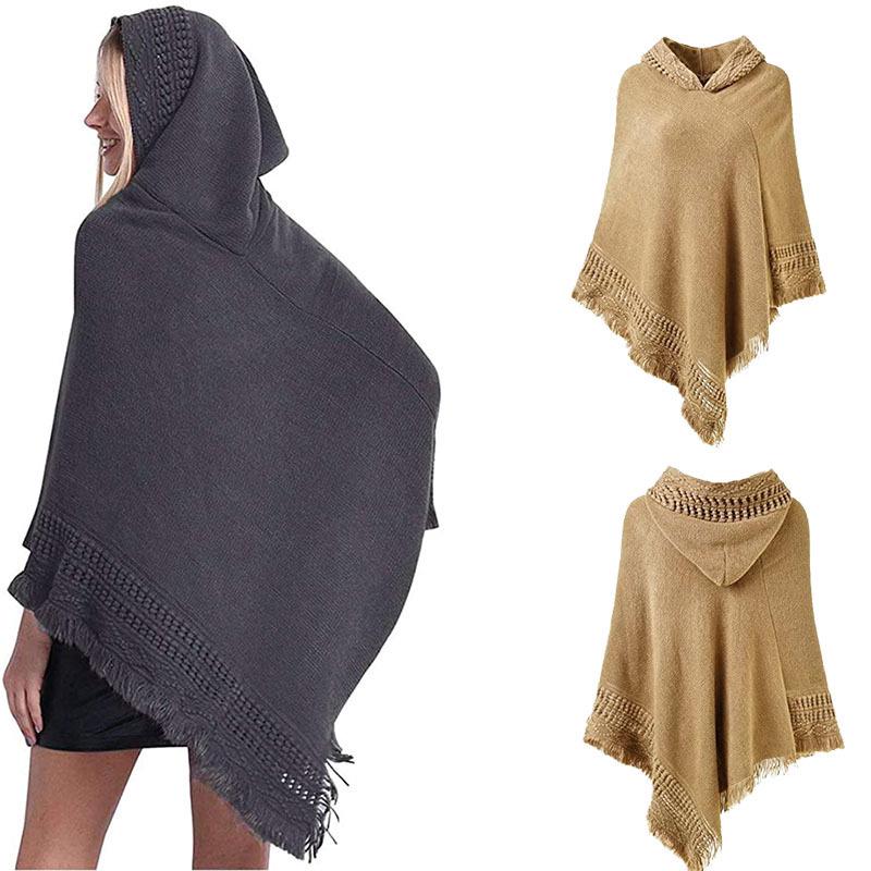 European & American Knitted Hooded Cape: Autumn/Winter Solid Color Pullover Sweater Shawl
