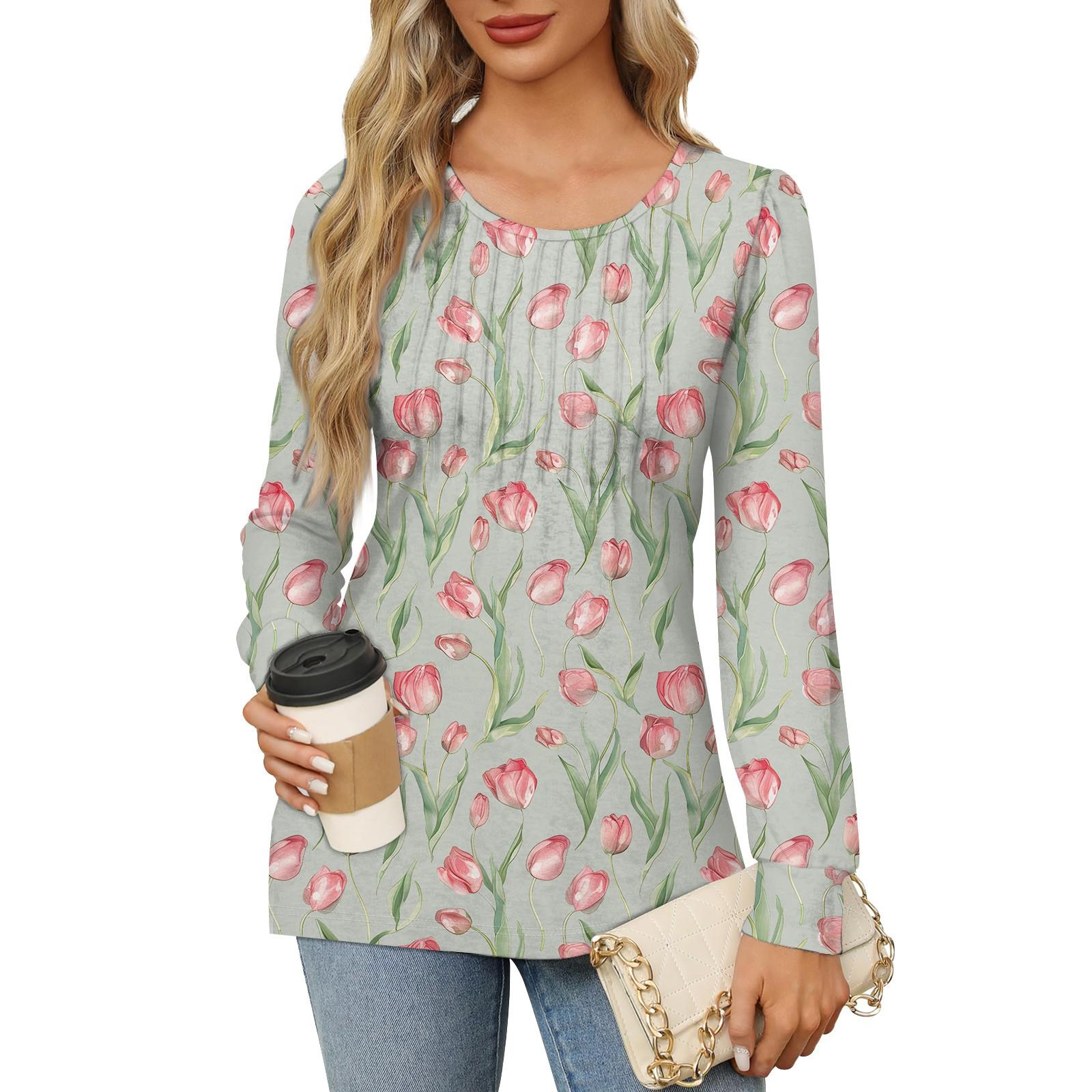 

Женская повседневная плиссированная футболка с круглым вырезом и длинными рукавами с принтом XL