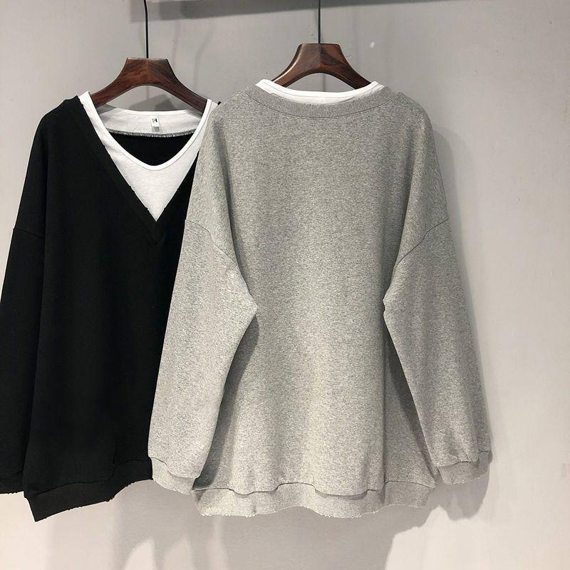 Damen Sweatshirt Frühling Herbst Neu Dünn Fake Zweiteiler V-Ausschnitt Langarm Oberteil