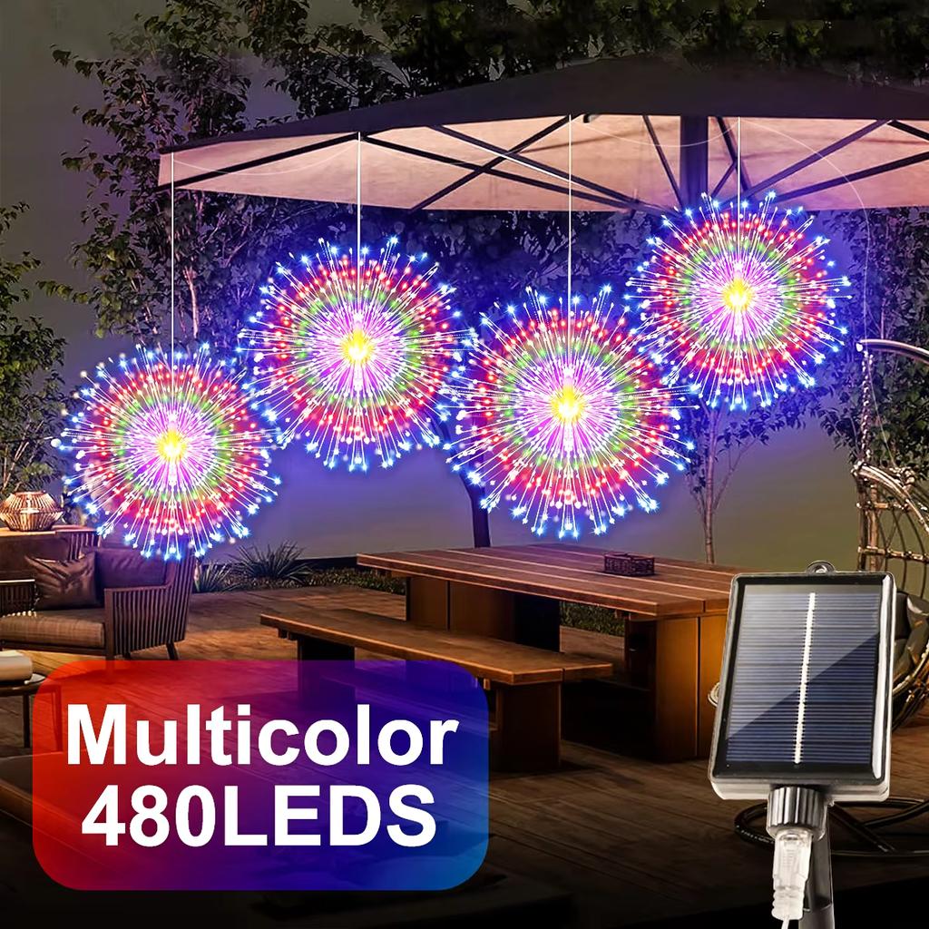 1PC Hanging Solar Firework Lights, 480LED Starburst Lights, Outdoor Waterproof String Lights, 8Modes,Christmas Halloween Decor