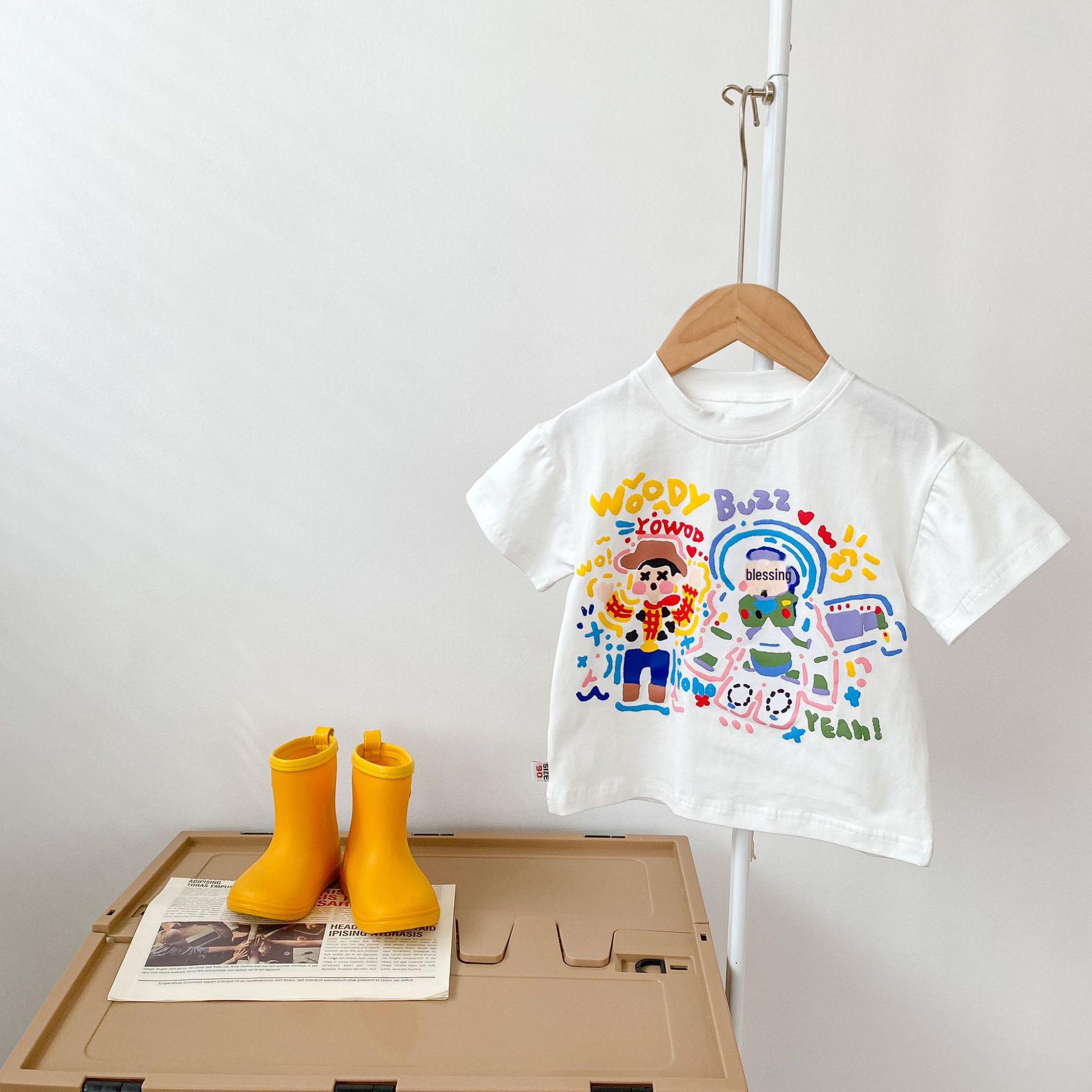 

Zhili 2023 Летняя детская футболка с коротким рукавом из хлопка с мультяшным принтом, черно-белая, для мальчиков и девочек 130cm