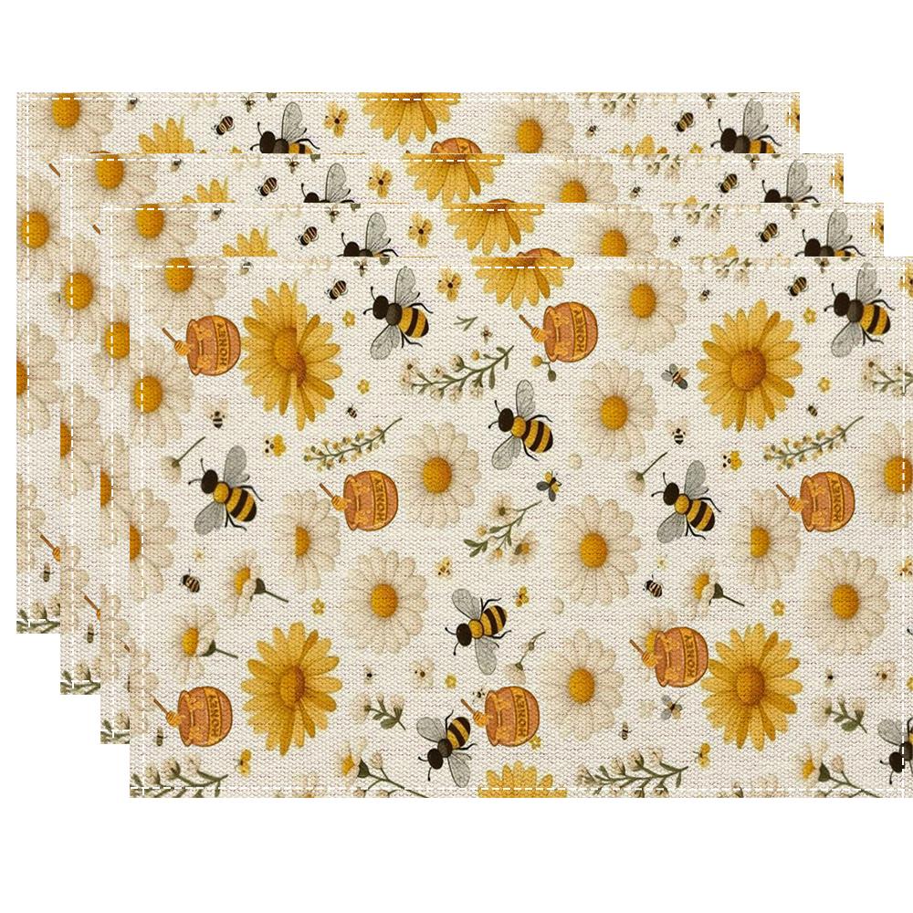 Cute Bee & Daisy Placemats With Honey Pot Pattern For Rustic Farmhouse Dining Table Decor Fun Spring Garden Theme Washable