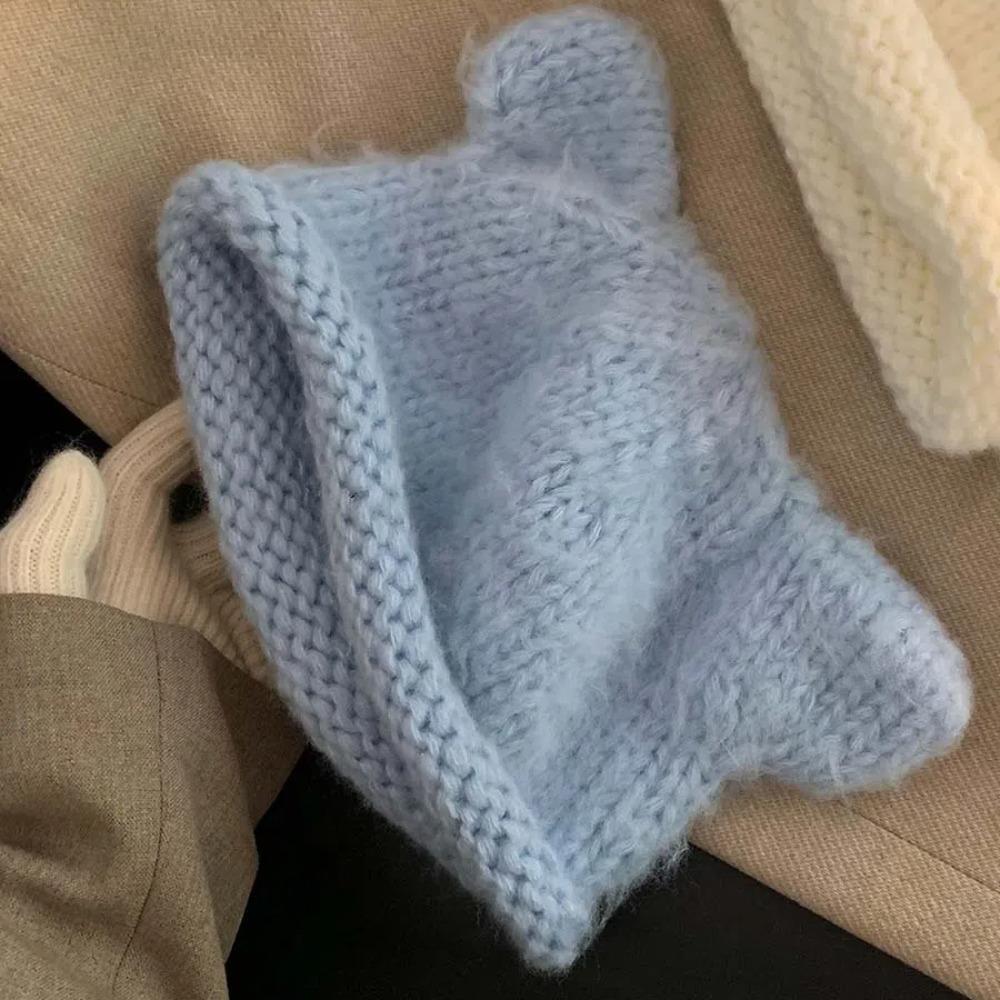 Y2K Bear Ear Woolen Hat Fluffy Brimless Beanie Cap Fashion Knitted Pullover Hat  Women