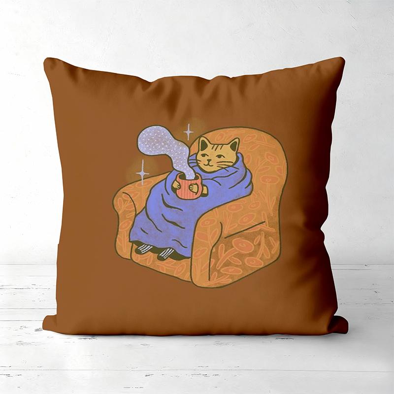 

1 Pieces Cute Cat Wrapped In Blanket With Cup On Cushion Polyester pillowcase, sofa decorative cushion cov Headboard Pillow 45x45cm