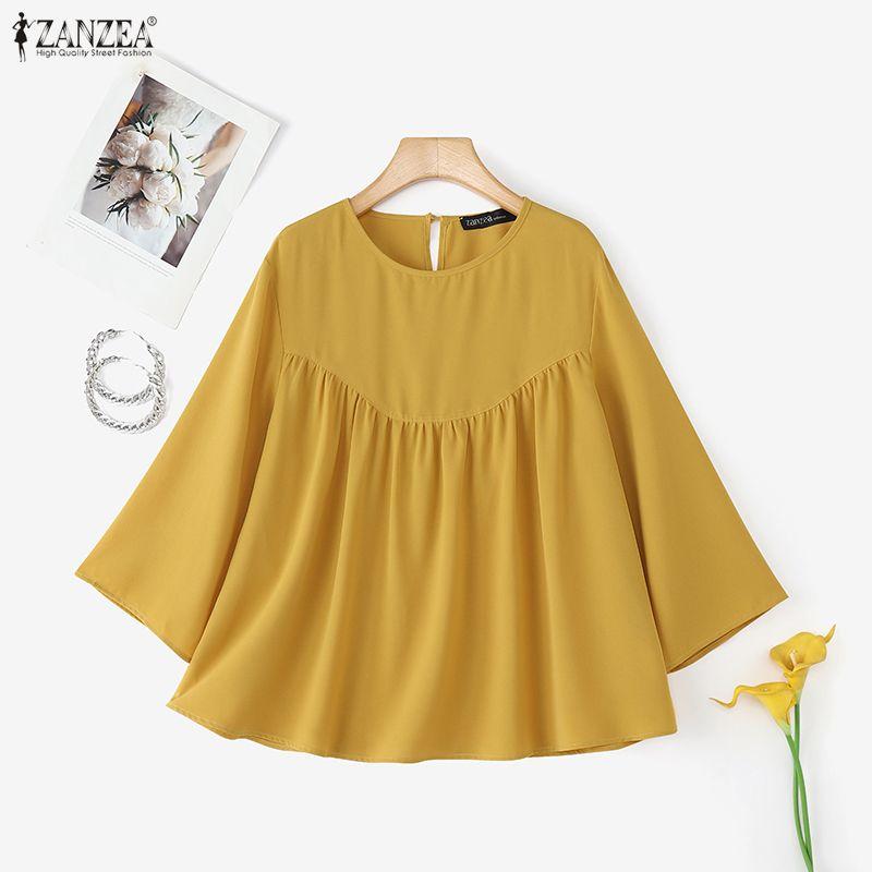 ZANZEA Women Casual Round Neck Solid Color 3/4 Sleeve Loose Blouse