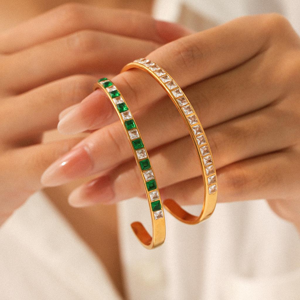 Stainless steel inlaid zircon bangle, high-end hand jewelry, titanium steel open bangle for women