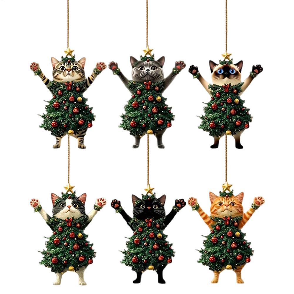 6PCS Christmas Tree Pendants Cute Cat Hanging Ornaments 2D Flat Wooden Pendant For Car Backpack Xmas Tree Decorations Party