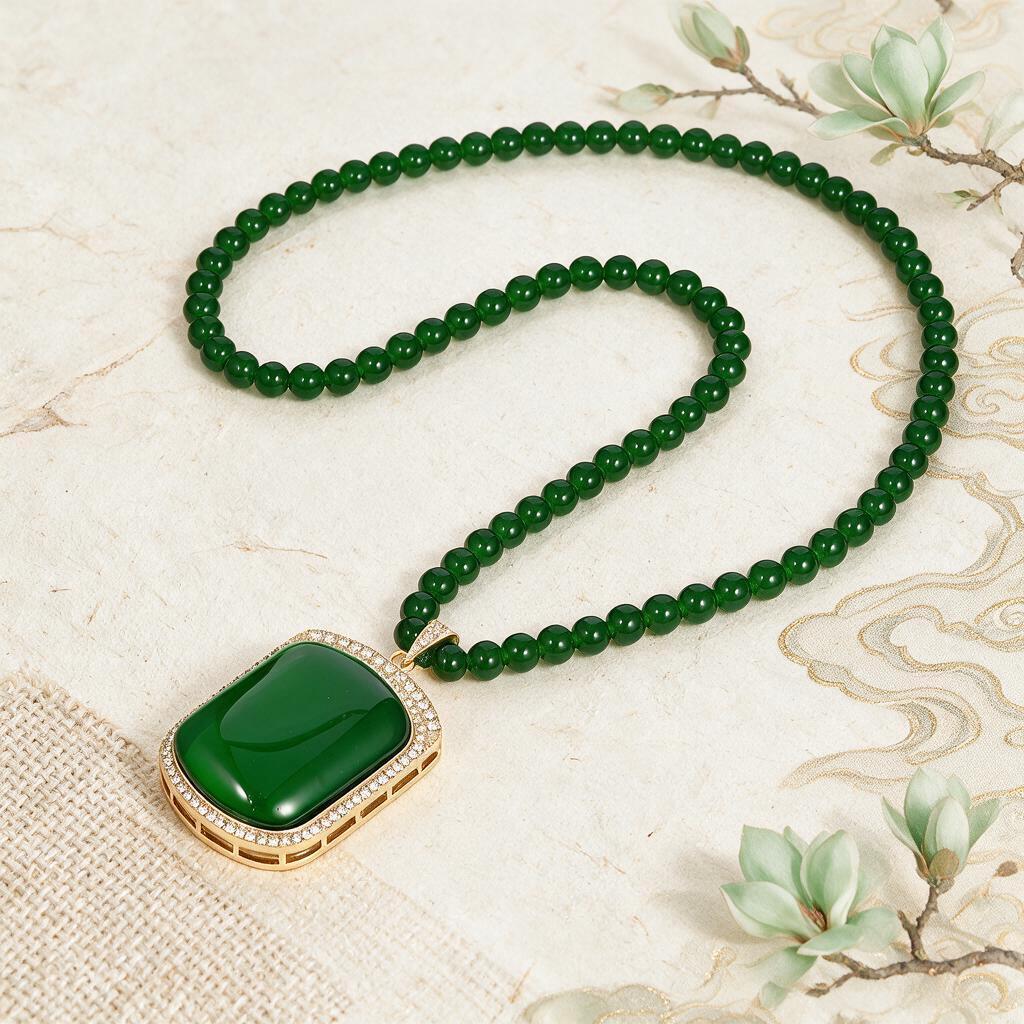 Elegant Imitation Emerald Wushi Pai Necklace - Long, Versatile, High-End Sweater Chain with Simple, Stylish Pendant