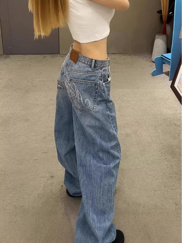 2025 Vår/Sommar Strass Hög Midja Vida Ben Jeans för Kvinnor