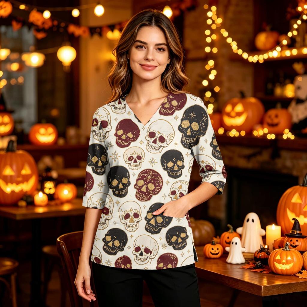 Women's Casual Uniform Top, V-Neck Halloween Print with Pockets and Side Slit, 3/4 Sleeve