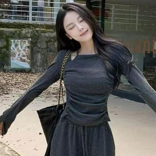 Elegant Early Autumn Women's Set: Spicy Long Sleeve T-shirt & High Waist Wide Leg Pants 