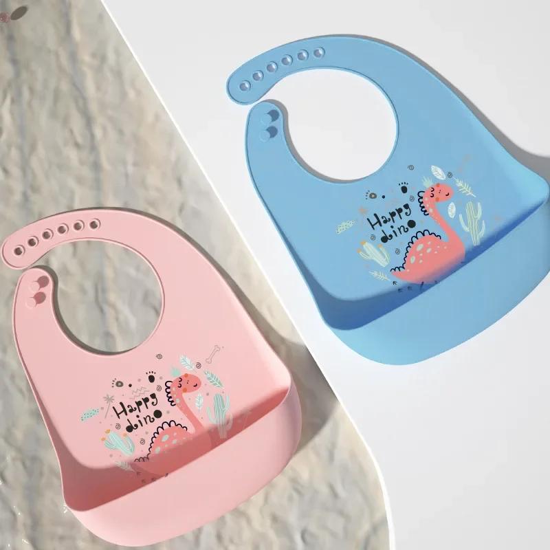 Silicone Baby Bibs Waterproof Cute Cartoon Dinosaur Print Baby Feeding Bib Girl Boy Adjustable Soft Bib Kids Stuff