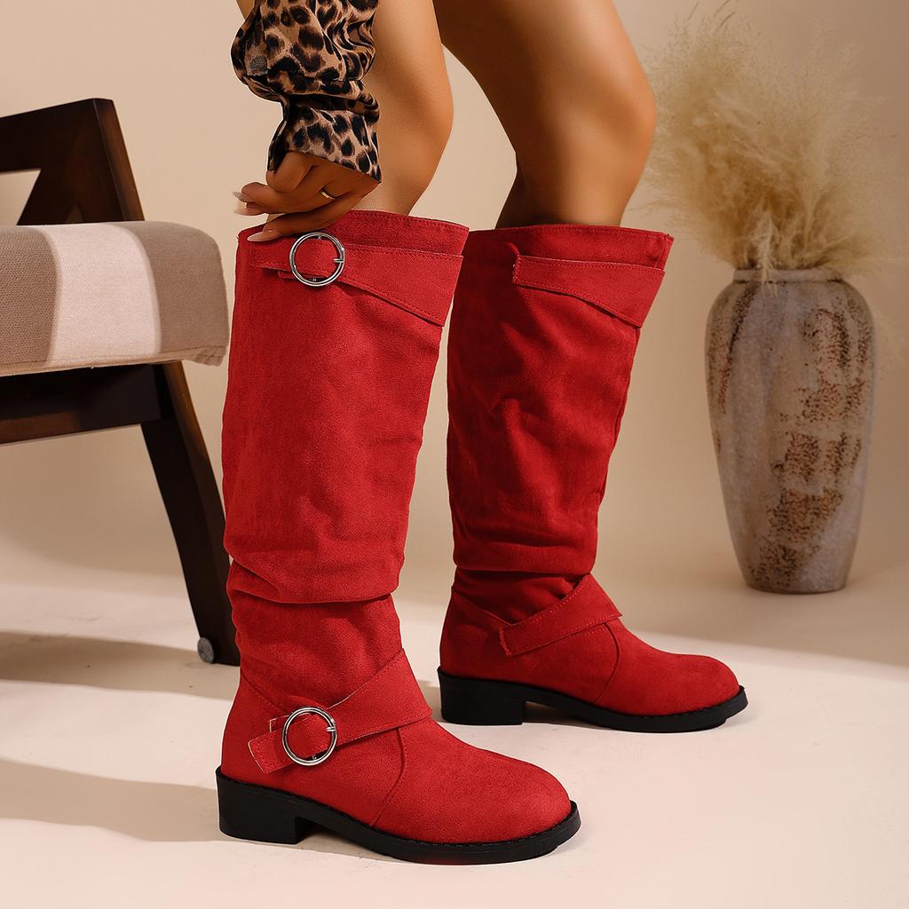 Women Ankle Boots Western Style Pleated Flat Booties Women Autumn Winter Thick Heel Boots Leather Belt Buckle Cotton Lined Shoes