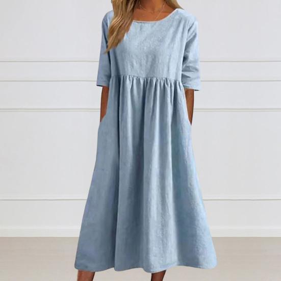 Strandkleid Kurzarm Rundhalsausschnitt Tasche Knitterarm Lässig Alltagskleidung Leinen Einfarbig Damenkleid Urlaubsaccessoire