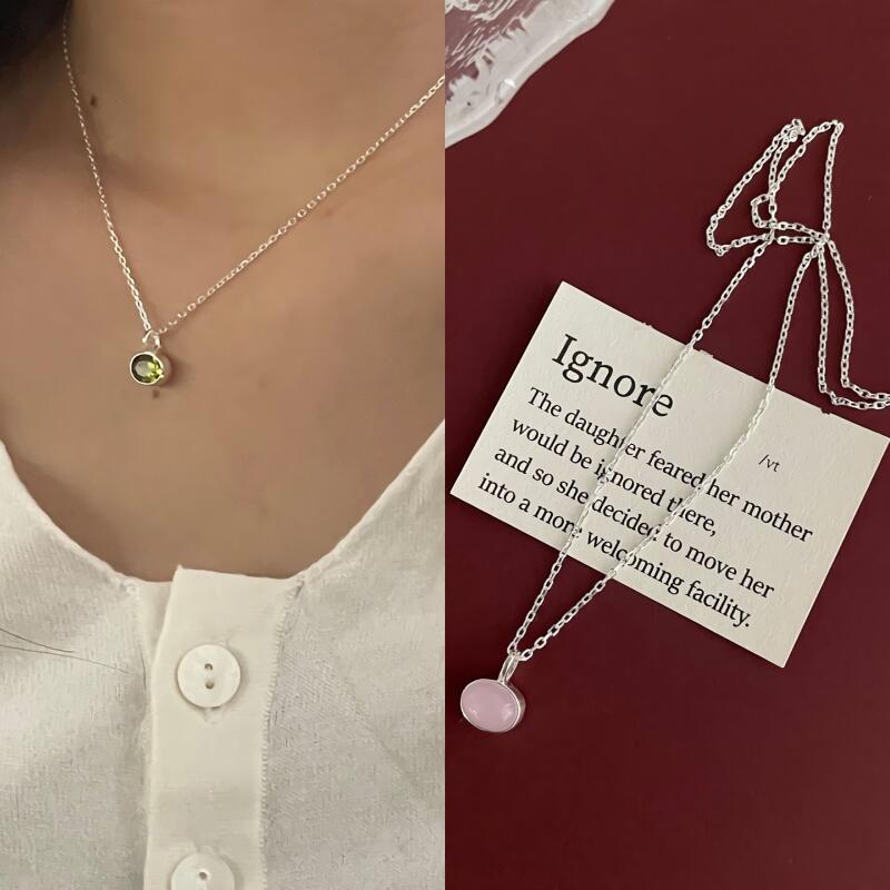 

Women s S925 Silver Oval 2-Color Cubic Necklace olive