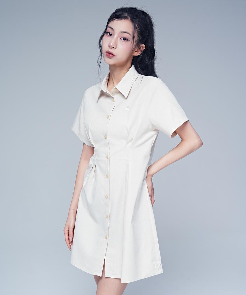 AVANDRESS French Linen Like Slim Shirt Dress Oatmeal