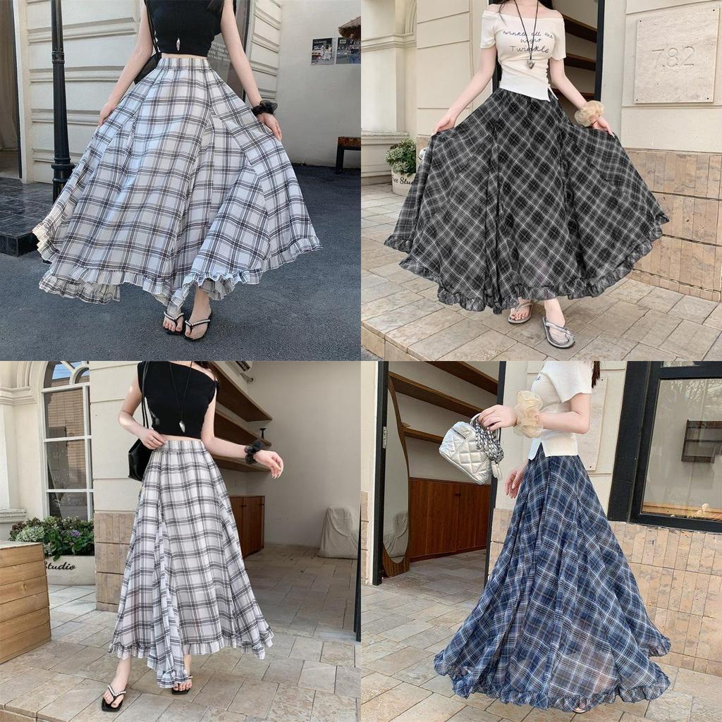 Longue jupe en mousseline à carreaux vintage avec ourlet asymétrique pour l'été décontracté pour femme