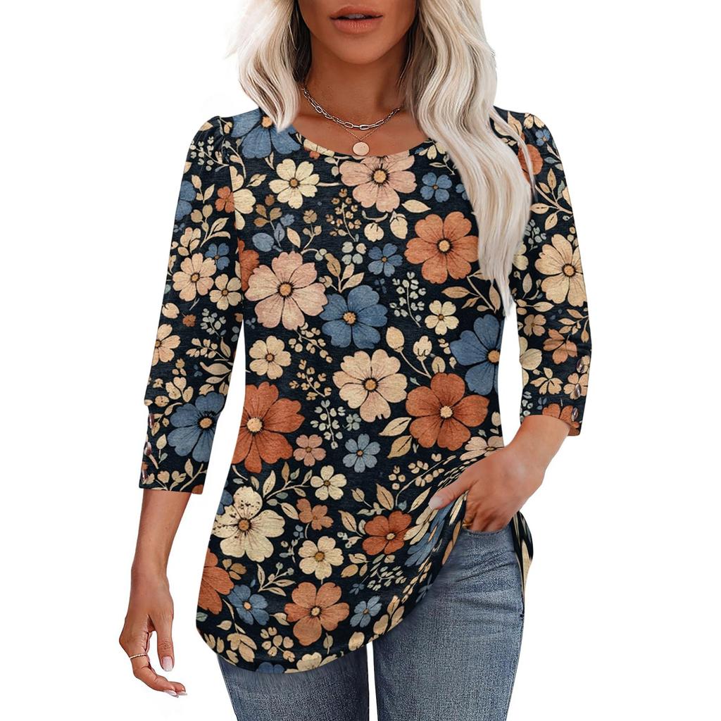 Damen Freizeit lockerer Schnitt Rundhalsausschnitt Oberteil Dreiviertelärm Blumenprint Leichte Bluse für den Alltag