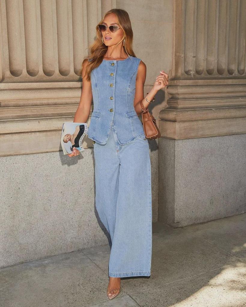 Euro-americká módní vesta bez rukávů s širokými džínami džínového obleku