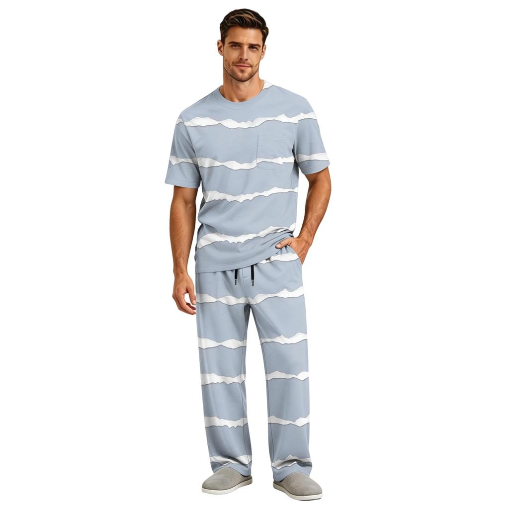 Men's Short Sleeve Pajama Set with Long Pants, Button Crotch, Elastic Waist Drawstring - Comfortable Sleepwear