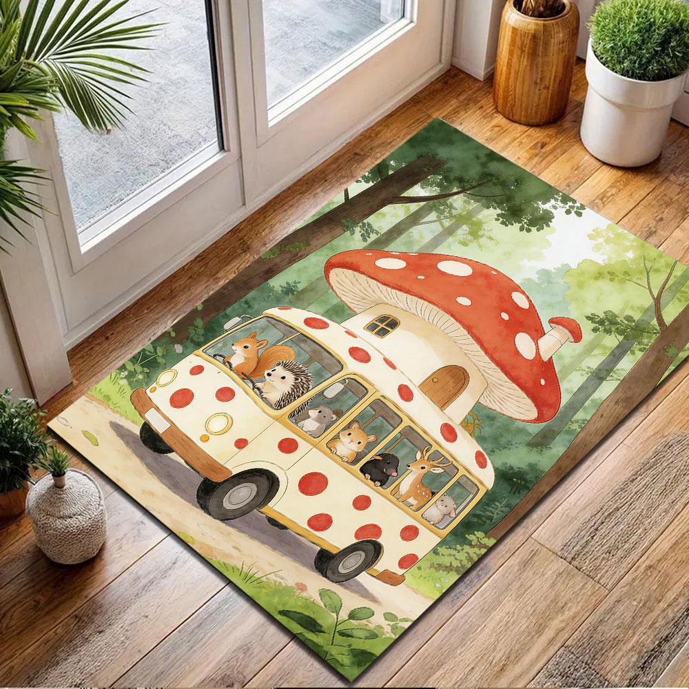 Woodland Animals in Mushroom Bus Patterned carpet, non slip mat suitable for living room and bedroom sofas
