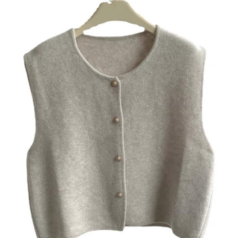 Elegant O Neck Sleeveless Women Sweater Tops Casual Loose Single-breasted Round Neck Knitted Vest Solid Color Simple Cardigan Sweaters Clothes 2556