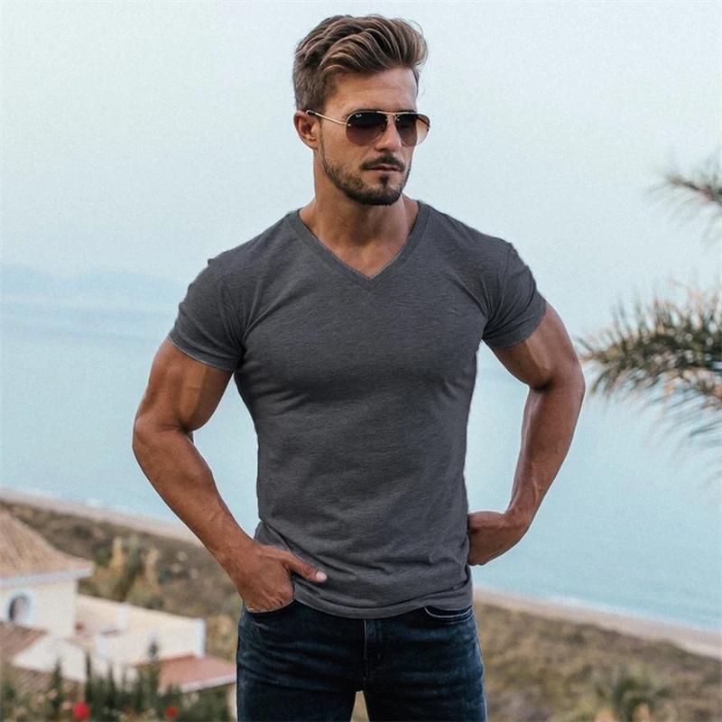 Pánske tričko do posilňovne Módne s výstrihom do V Krátke rukávy Bavlnené tričko Úzky strih Športové tričko Kulturistika Fitness Tréning Letné oblečenie