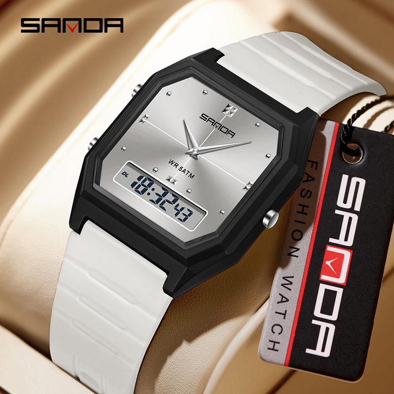 Sanda Waterproof Square Alarm Watch - Luminous Chronograph Sports Wristwatch for Students