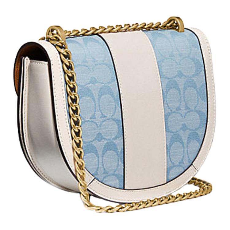 Coach Alie 21 Monogram Color Block Chain Chambray Canvas Print Leather And Fabric Saddle Bag Crossbody Small Women saddle bag C4694-B4SUX
