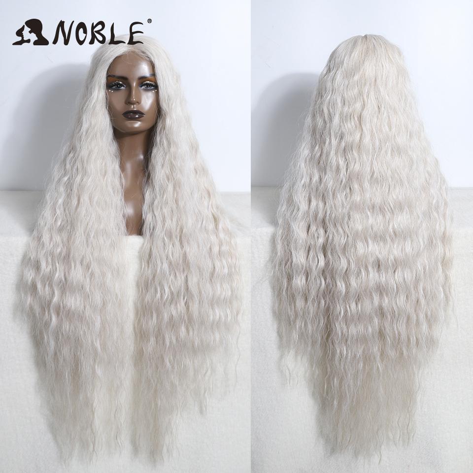 Noble 42 Inch Extra Long Water Wave Synthetic Lace Front Wig Ombre Brown Highlight Glueless Heat Resistant Curly Wig For Women