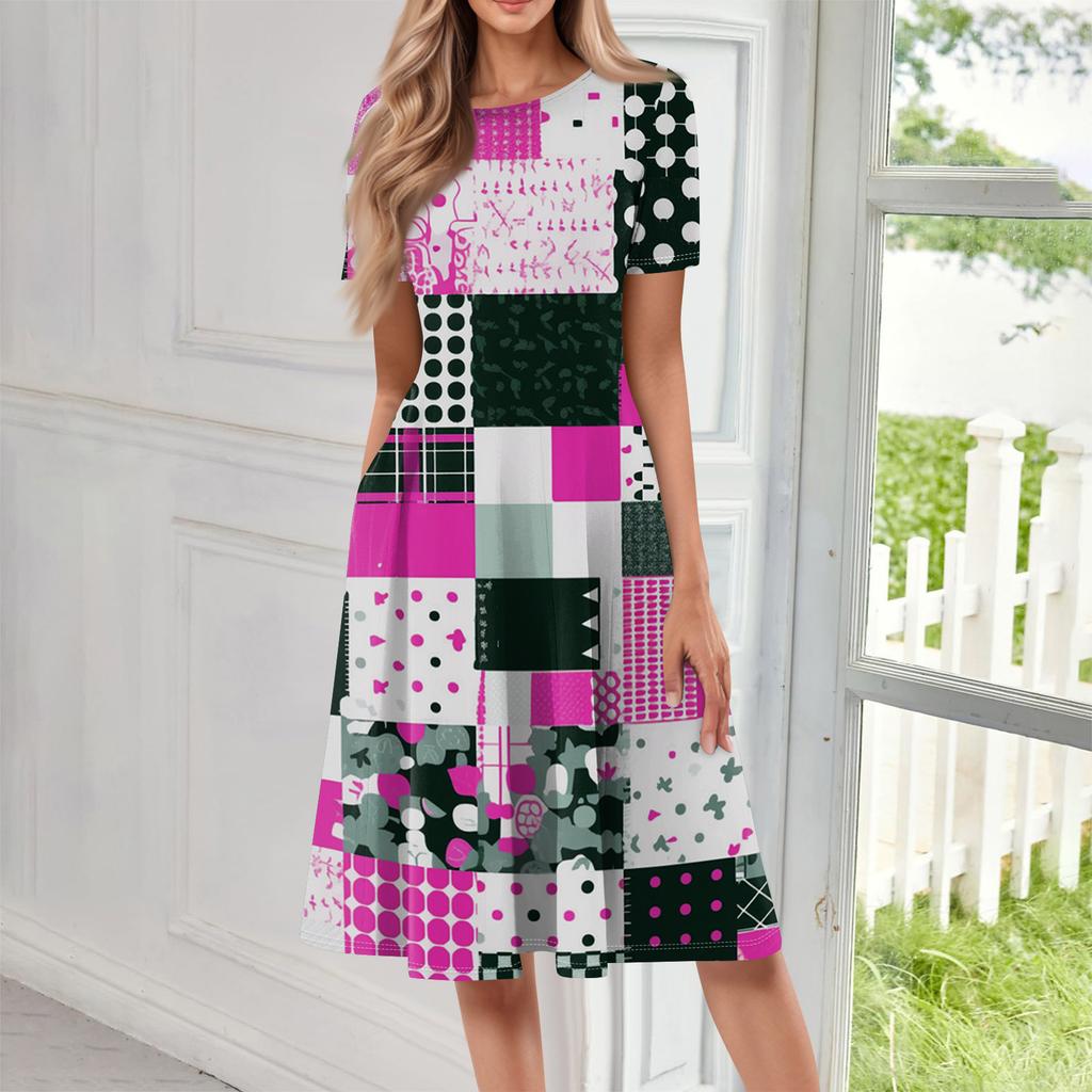 Women Casual Printed Round Neck Short Sleeved Long Dress