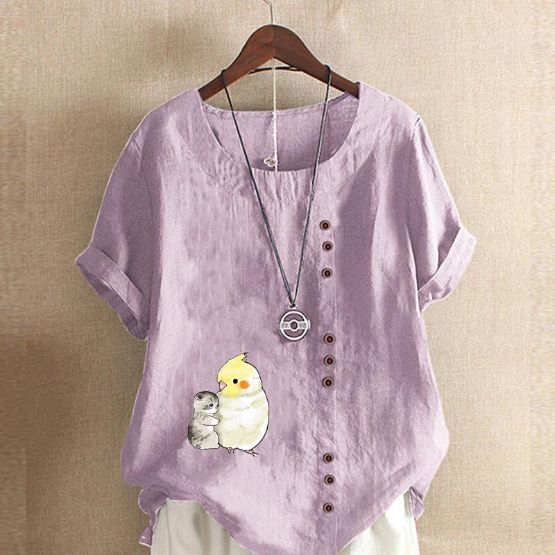 Women's Fashion Cat Parrot Prined Round Neck Short Sleeve T-shirt Casual Cotton Linen Graphic Shirt Leisure Loose Summer Blouse Tops Plus Size