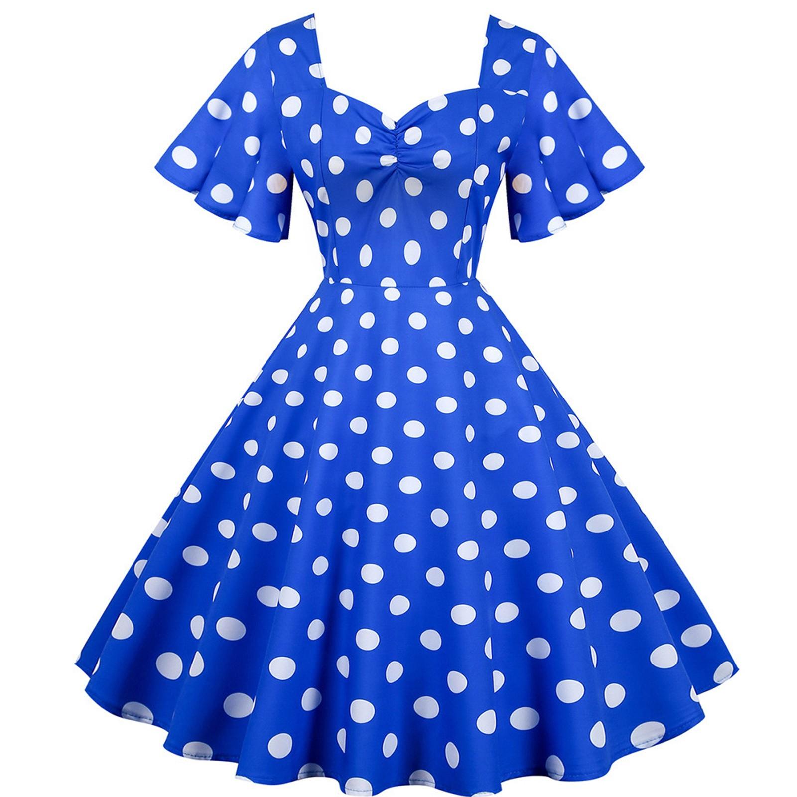 

Женское модное повседневное облегающее платье с короткими рукавами и винтажным принтом в горошек XXL синий