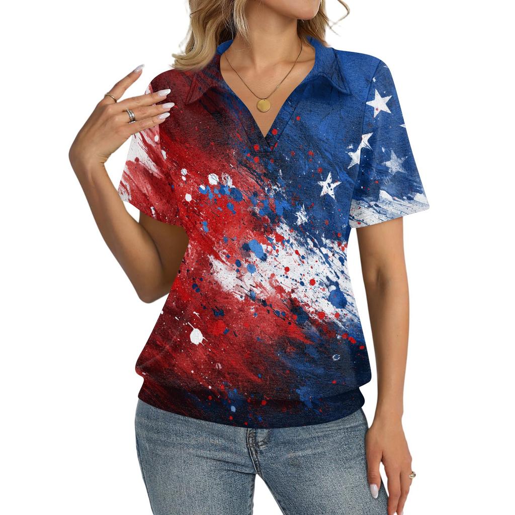Women's Casual Short Sleeve Polo Shirt with Independence Day Print Collared Top Lightweight Breathable Summer Tee