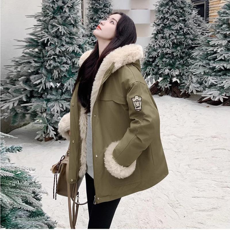 Lamb Wool Hooded Plus Velvet Jacket Winter New Down Jacket Women's Workwear Cotton Jacket