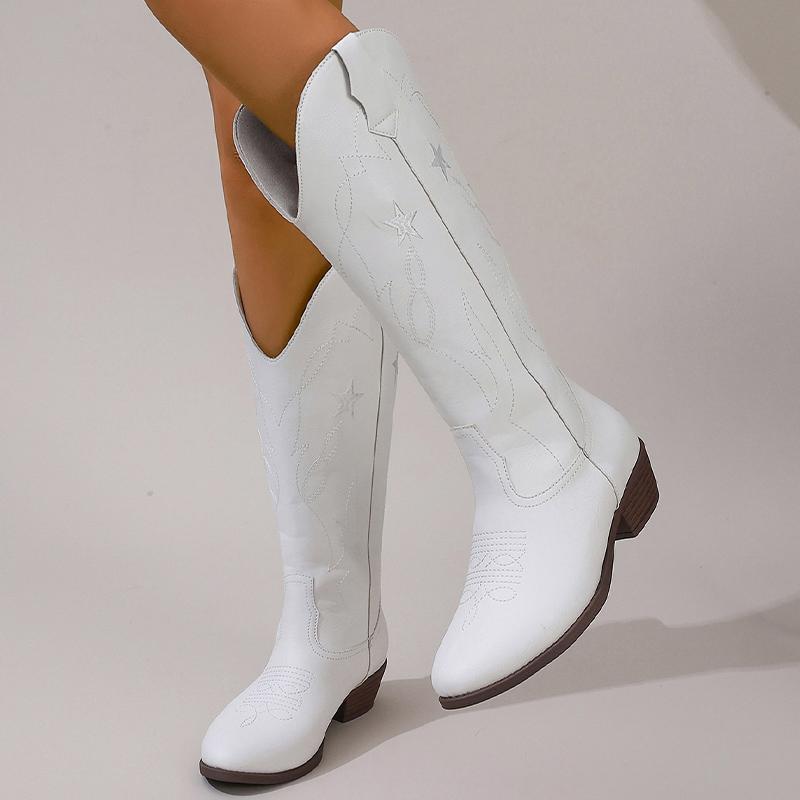 Winter Mid Heels Women High Boots Pointed Toe Fashion Shoes Embroidery Chunky Chelsea Boots  Trend Gladiator Botas De Mujer