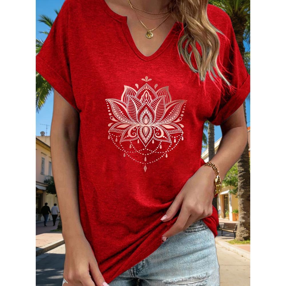Women's V-Neck Mandala Lotus Graphic Tee, Boho Floral Print T-Shirt, Casual Loose Short Sleeve Daily Fashion Top