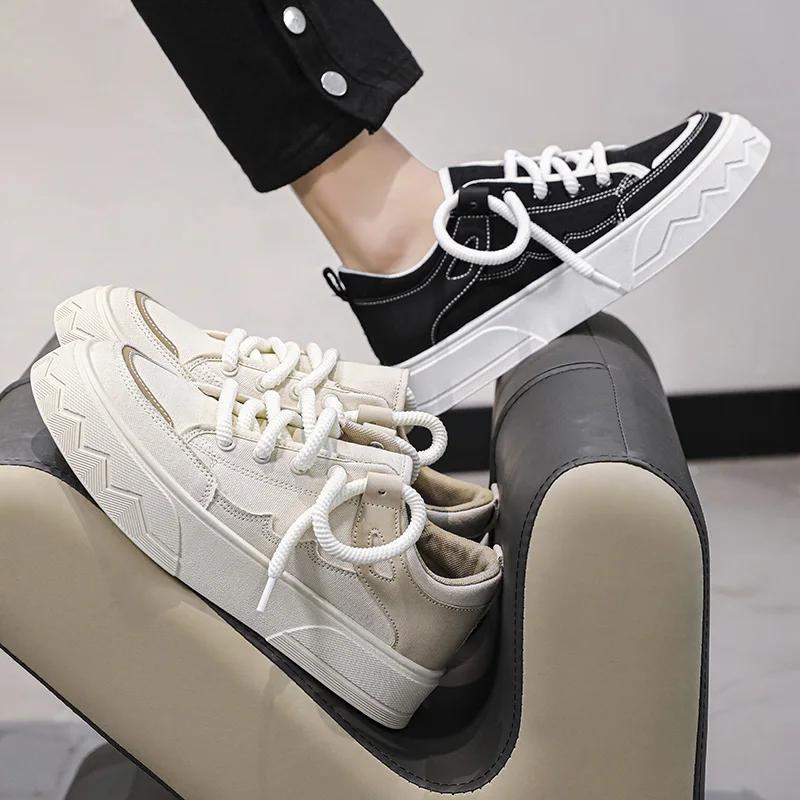 Male Canvas Shoes Patchwork Men's Sneakers Korean Style Comfortable Platform Shoes Men's Breathable Lace-Up Vulcanized Shoes