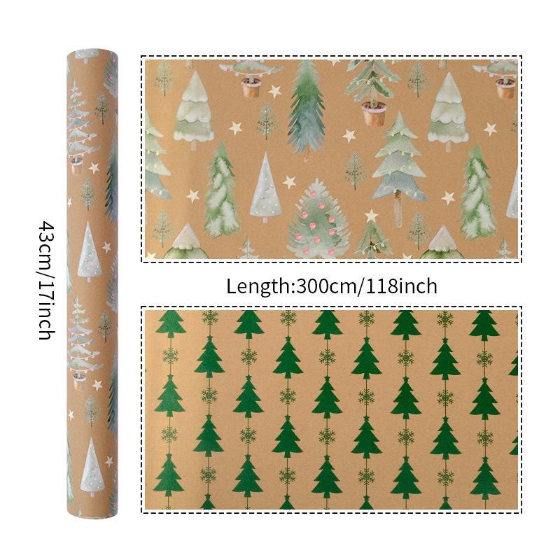 Vintage Kraft Christmas Gift Wrapping Paper Double Sided Print Kraft Roll Pine Tree Reindeer DIY Present Packaging Sheet
