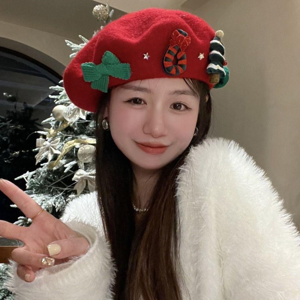 Red Green Christmas Beret Cap Sweet Xmas Painter Hat Fashion Christmas Beret Hat  Women