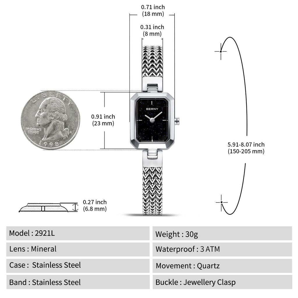 BERNY Watch Ladies Women Quartz Watch Ladies Watch Rectangle Mini Watch Fashion Minimalist Watch 3 ATM Water Resistant Stainless Steel Detachable