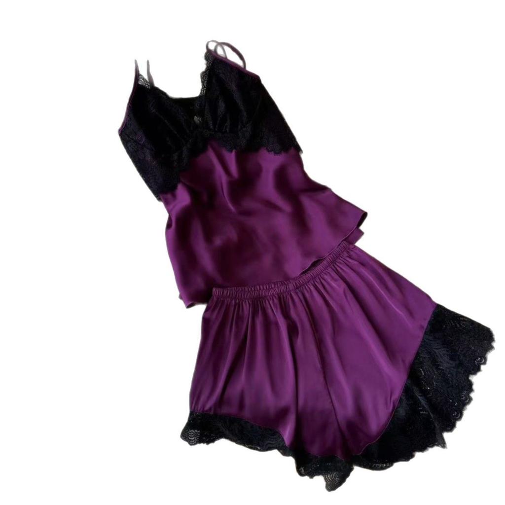 Ice silk pajamas women's summer girl pure desire suspender shorts loungewear set pajamas women's purple sexy loungewear